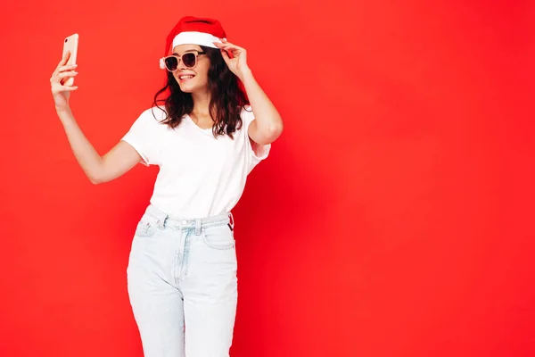 Mulher Bonita Comemorando Ano Novo Happy Linda Fêmea Roupas Casuais — Fotografia de Stock