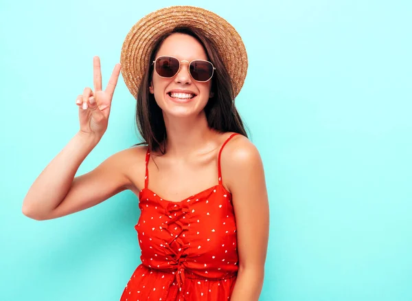 Young Beautiful Smiling Female Trendy Summer Red Dress Sexy Carefree — Foto Stock