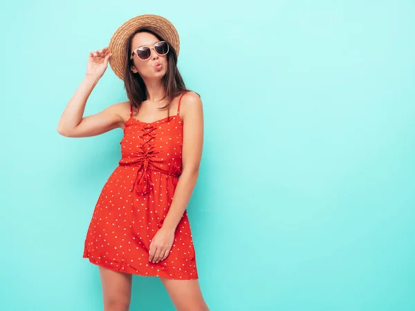 Young Beautiful Smiling Female Trendy Summer Red Dress Sexy Carefree — Stockfoto