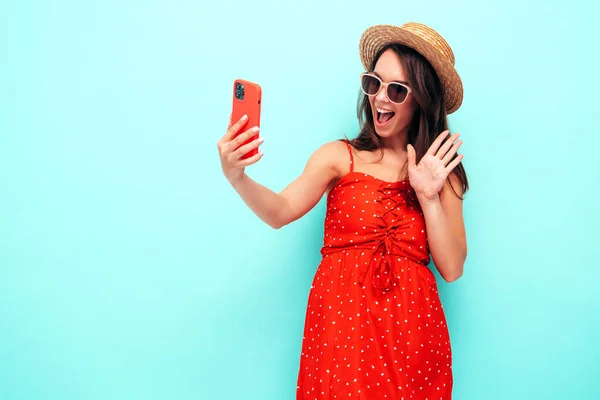 Young Beautiful Smiling Female Trendy Summer Red Dress Sexy Carefree — Stockfoto