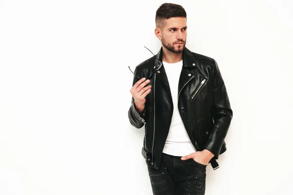 Portrait Handsome Confident Model Sexy Stylish Man Dressed Biker Leather — Stockfoto