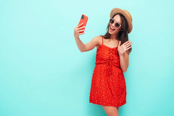 Young Beautiful Smiling Female Trendy Summer Red Dress Sexy Carefree — Stockfoto