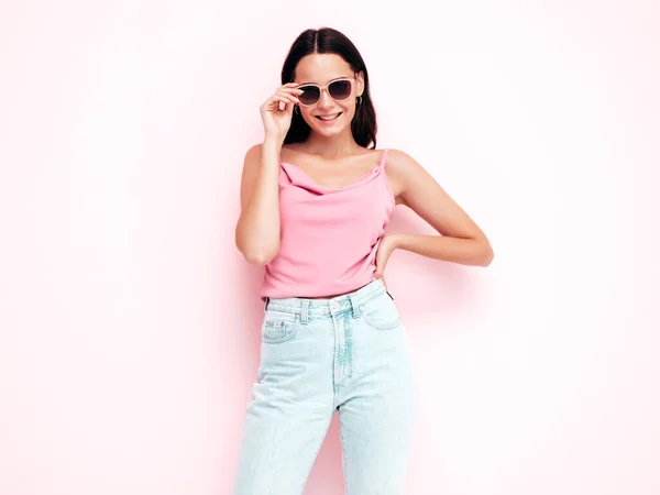 Young Beautiful Smiling Female Trendy Summer Clothes Sexy Carefree Woman — Stockfoto