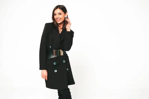Junge Schöne Lächelnde Brünette Frau Schönen Trendigen Schwarzen Suit Sexy — Stockfoto
