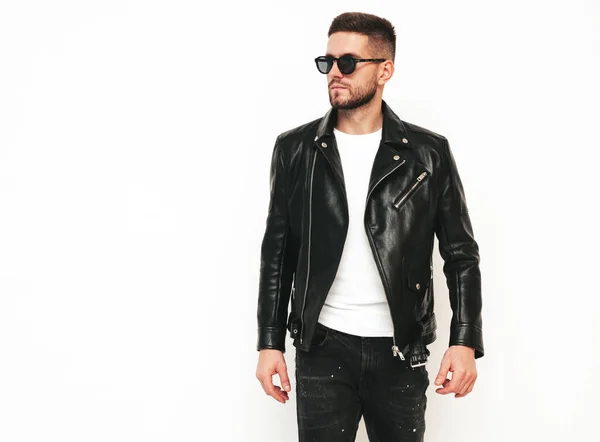 Portrait Handsome Confident Model Sexy Stylish Man Dressed Biker Leather — Stockfoto