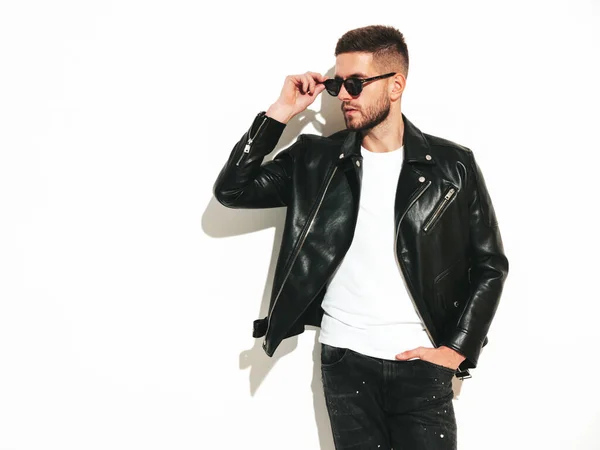 Portrait Handsome Confident Model Sexy Stylish Man Dressed Biker Leather — Stockfoto