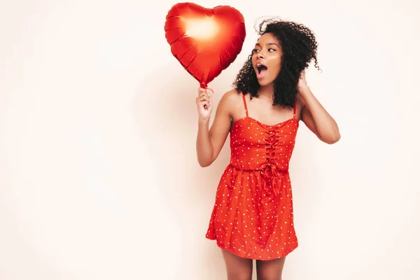 Beautiful Black Woman Afro Curls Hairstyle Smiling Model Dressed Red — Stock Photo, Image