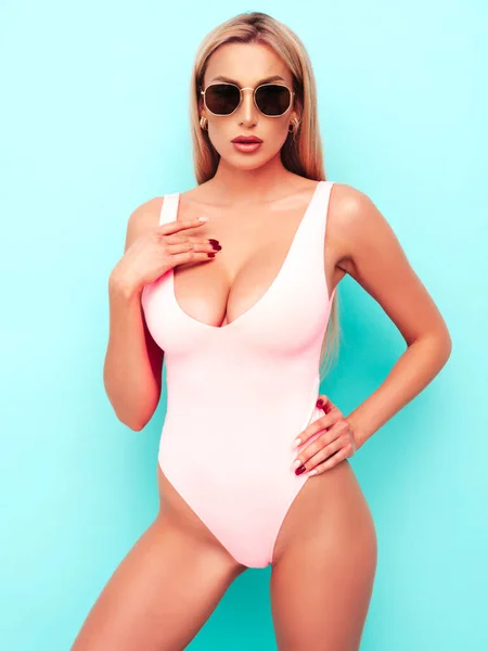 Portrait Young Beautiful Sexy Woman Carefree Model Wearing Pure Pink — Stock Photo, Image