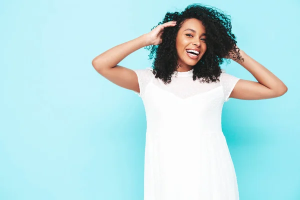 Beautiful Black Woman Afro Curls Hairstyle Smiling Model Dressed White Stock Picture