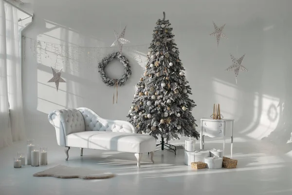 Κλασικό Άδειο Δωμάτιο Διακοσμούν Χριστουγεννιάτικο Δέντρο Δωμάτιο Διαθέτει Λευκές Ξύλινες — Φωτογραφία Αρχείου