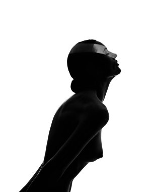 Arka ve beyaz siluet, çıplak kadın profili beyaz arka plan. Genç, zarif, seksi kadın. Çıplak vücutlu kız..