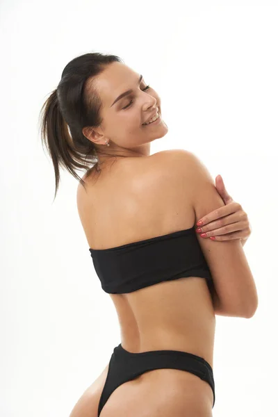 Cheerful Positive Fit Woman Model Female Lingerie Pointing Her Slim — Fotografia de Stock