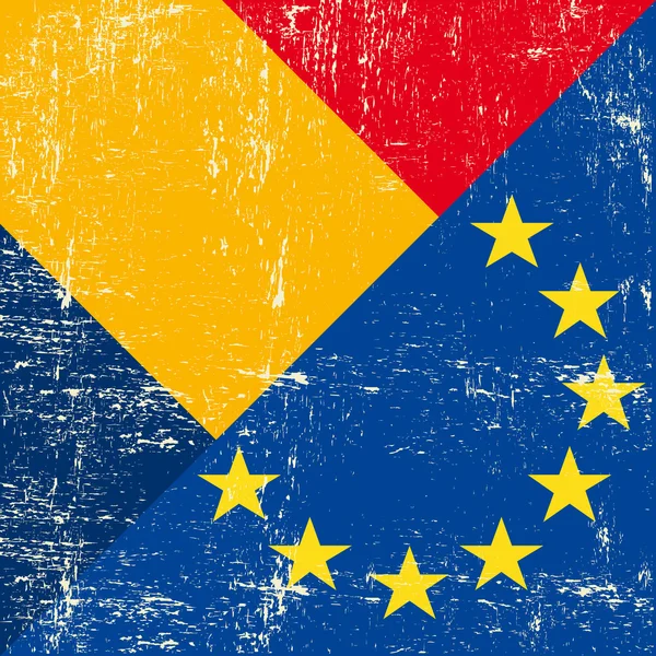Rumanía y la bandera grunge europea — Vector de stock