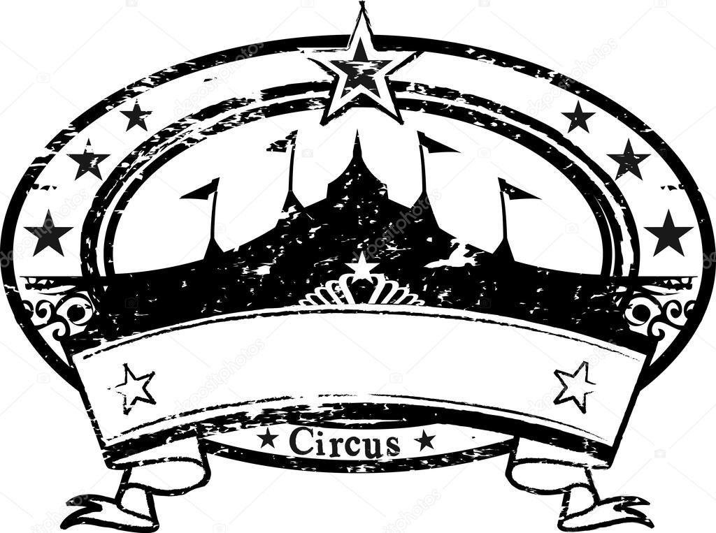 Stamp circus. A black and white stamp on circus theme with a ribbon.
