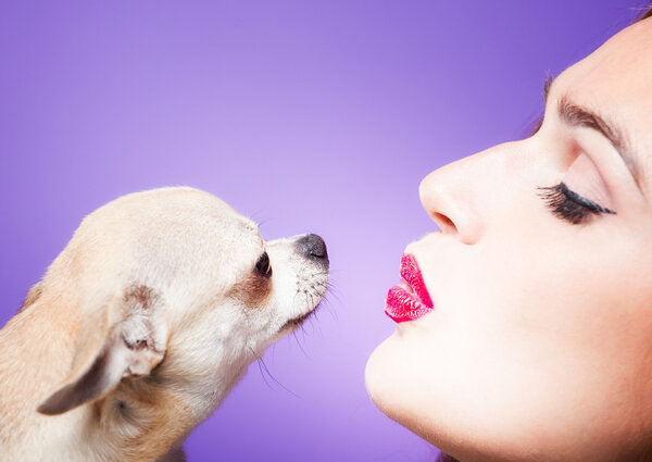 Beautiful model with Chihuahua kiss