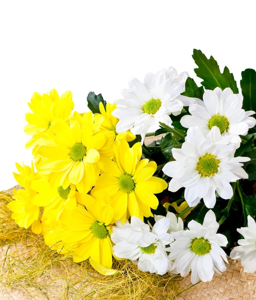 Chrysanthemums on straw hat — Stock Photo, Image