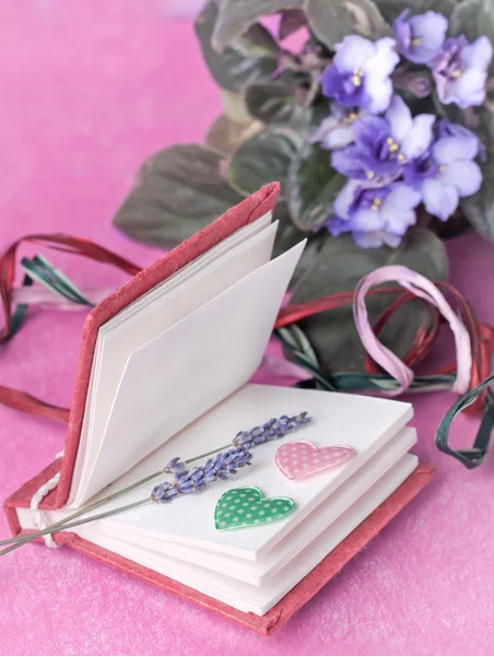 Kleine dagboek met lavendel en harten — Stockfoto