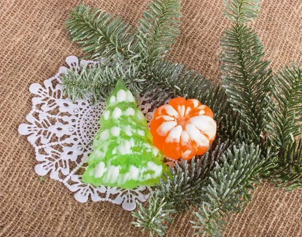 Christmas soap-mandarin and Christmas tree — Stock Photo, Image