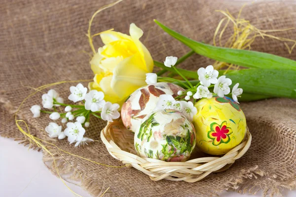 Easter eggs with  yellow tulips — Stock Photo, Image