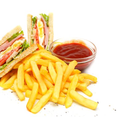 Club Sandwich with fries and red sauce clipart