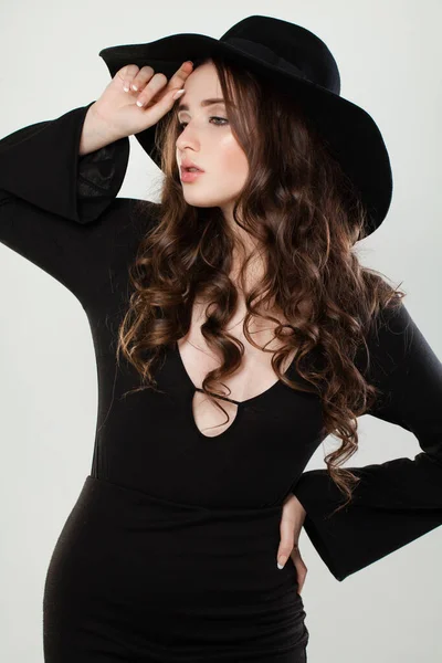 Portrait Beautiful Young Woman Black Classical Hat — Stock Photo, Image