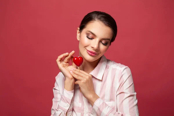 Cheerful Smiling Woman Heart Shape Red — Zdjęcie stockowe