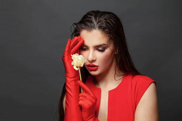 Sensual Woman Brunette Makeup Wearing Red Dress Red Silky Gloves — стоковое фото