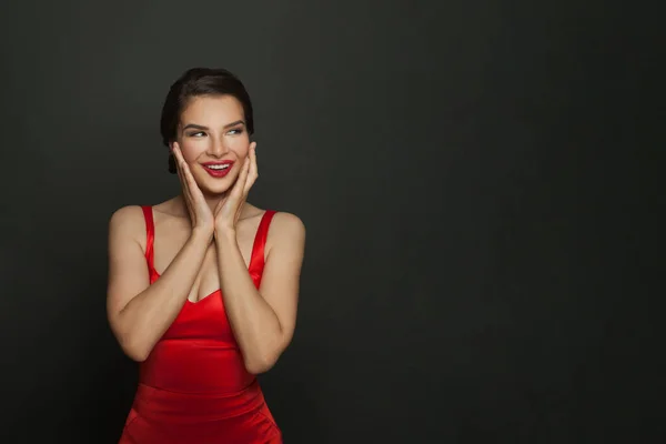 Cheerful Young Happy Surprised Brunette Woman Red Dress Posing Looking — стоковое фото