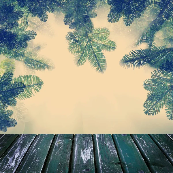 Nature Background Green Tree Elements Xmas Card Empty Blank Wooden — Stok fotoğraf
