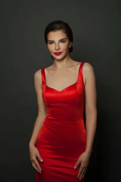 Beautiful Female Model Red Silky Dress Posing Black Background — Stock Photo, Image