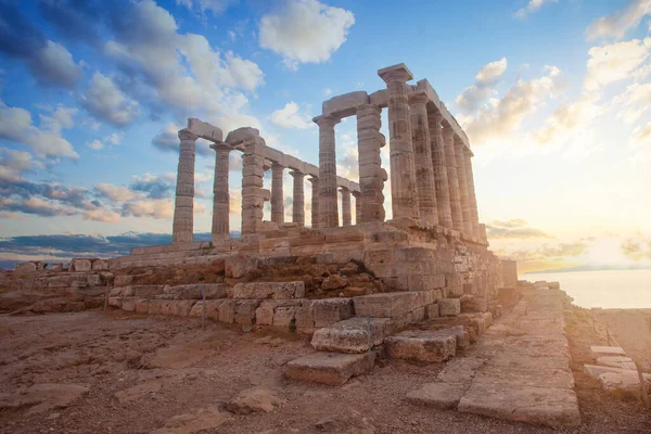 Grecka Świątynia Ruiny Zachodzie Słońca Atrakcja Turystyczna Attica Sounion Grecja — Zdjęcie stockowe
