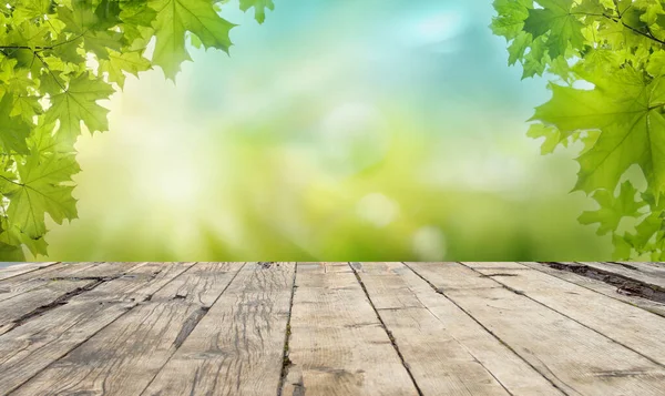 Empty Wooden Board Table Top Green Leaves Bokeh Background Mock — Stock Photo, Image