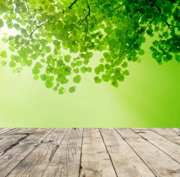 Empty Wooden Table Top Blurred Green Tree Leaves Park Garden — Stock Photo, Image