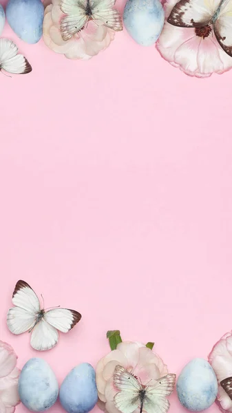 Boldog Húsvéti Tapétát Gyengéd Tavaszi Virágok Húsvéti Tojás Pillangó Rózsaszín — Stock Fotó