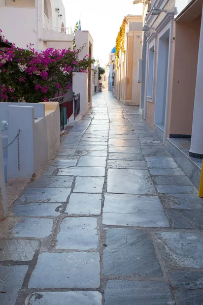 Günbatımında Santorini Adası Nda Oia Nın Dar Manzaralı Caddesi Yunanistan — Stok fotoğraf