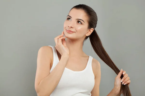 Young Cute Model Woman Looking Aside Touching Her Hand Her — Stock Photo, Image