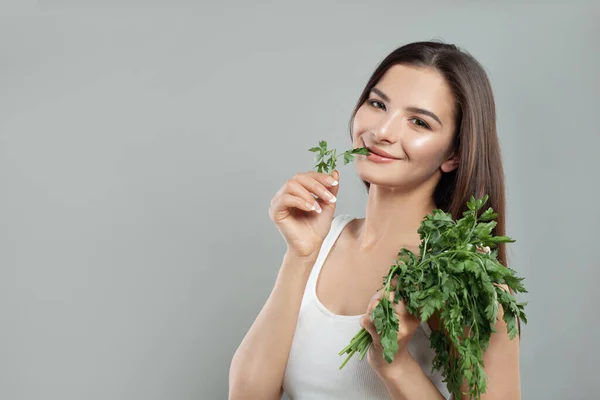 Young Woman Holding Bunch Parsle White Background — Stock Photo, Image