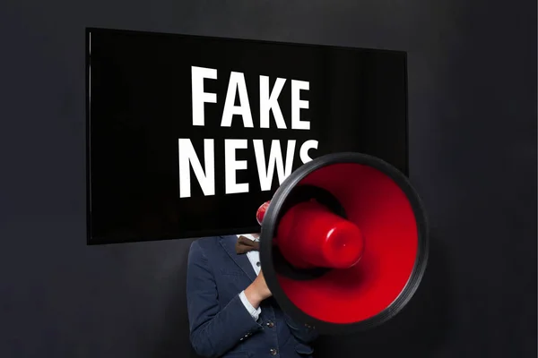 Man Red Loudspeaker Head Black Fake News Concept — Stock Photo, Image