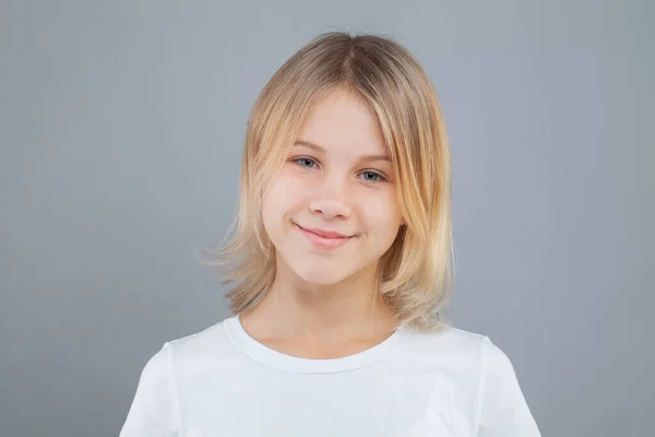 Happy Little Blonde Kid Girl White Shirt Gray Background Childhood — Stock Photo, Image