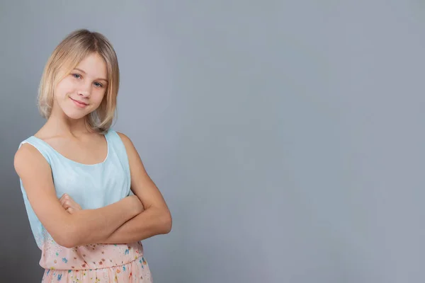 Happy Child Girl Blonde Hair Cute Smile Posing Gray Wall — Stock Photo, Image