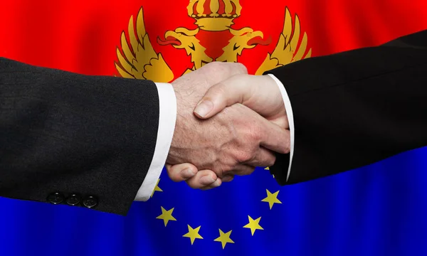 Aperto Mão Sobre Fundo Bandeira União Europeia Montenegro — Fotografia de Stock