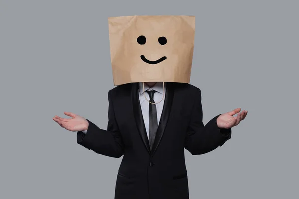 Empresario Con Bolsa Papel Cabeza Excelente Gran Sonrisa Cara Feliz — Foto de Stock