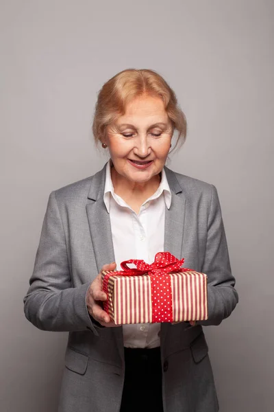 Cheerful Woman Years Old Holding Red Gift Box Present Portrait — Stock Photo, Image