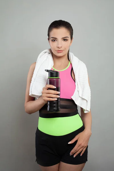 Pretty Brunette Woman Water Bottle Proteine Shake Fitness Exercises Indoor — Stock Photo, Image
