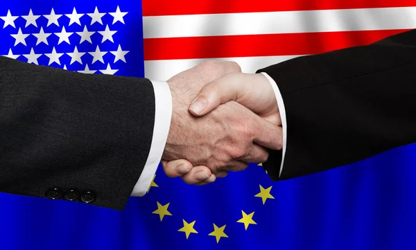 Stretta Mano Sullo Sfondo Delle Bandiere Usa Unione Europea — Foto Stock