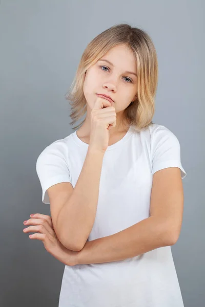 Pensive Young Girl Thinking Gray Background — Stock Photo, Image