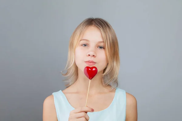 Attractive Young Girl Holding Red Heart Portrait — Stock Photo, Image