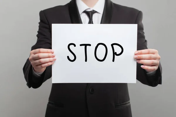 Businessman Holding White Paper Board Stop Sign — Stock Photo, Image