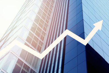 Finans bürosu bilding ve yükselen ok kavramına sahip modern iş geçmişi