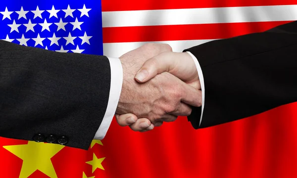 Kézfogás Ellen Usa Kína Zászlók Háttér — Stock Fotó